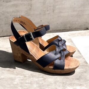 boc Born Shoes Navy Blue‎ Leather Cork Chunky Heel Sandals Women Size 8M B20